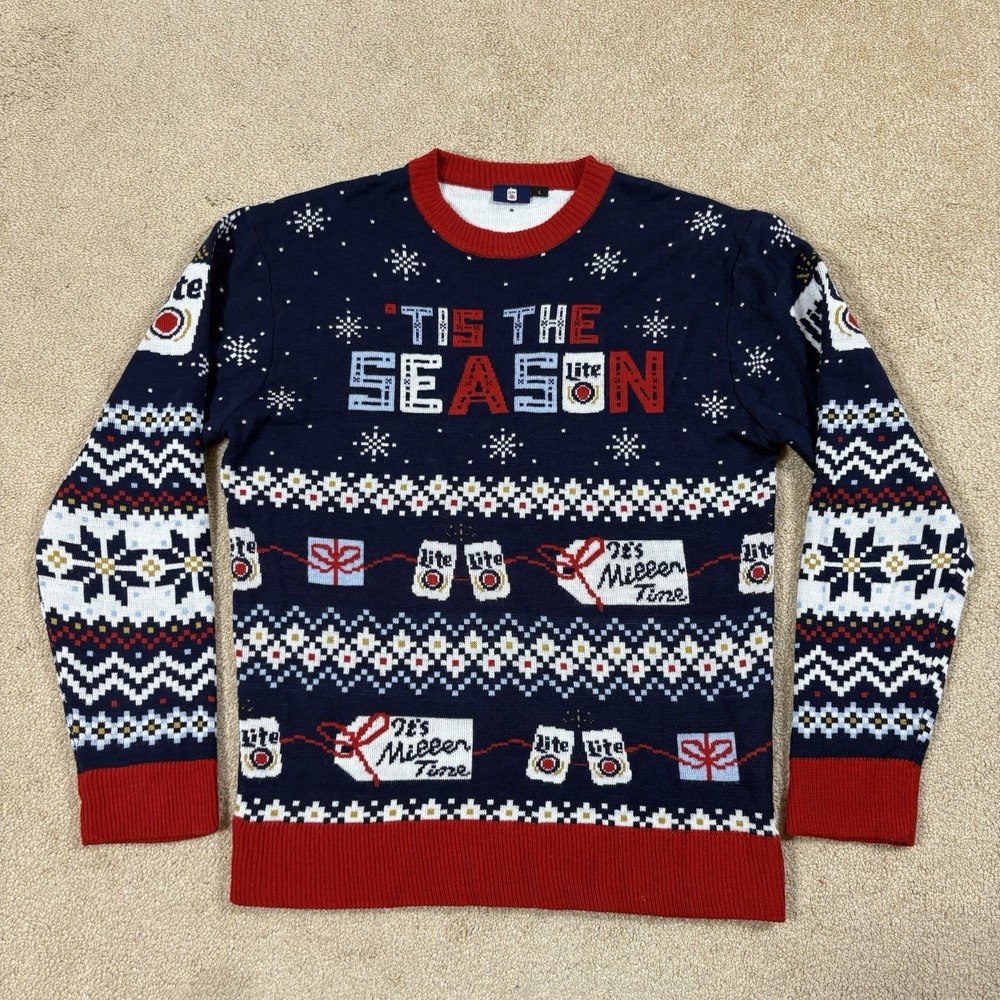 Miller Lite Its Miller Time Ugly Christmas Sweater Mens Large L Navy Blue Red